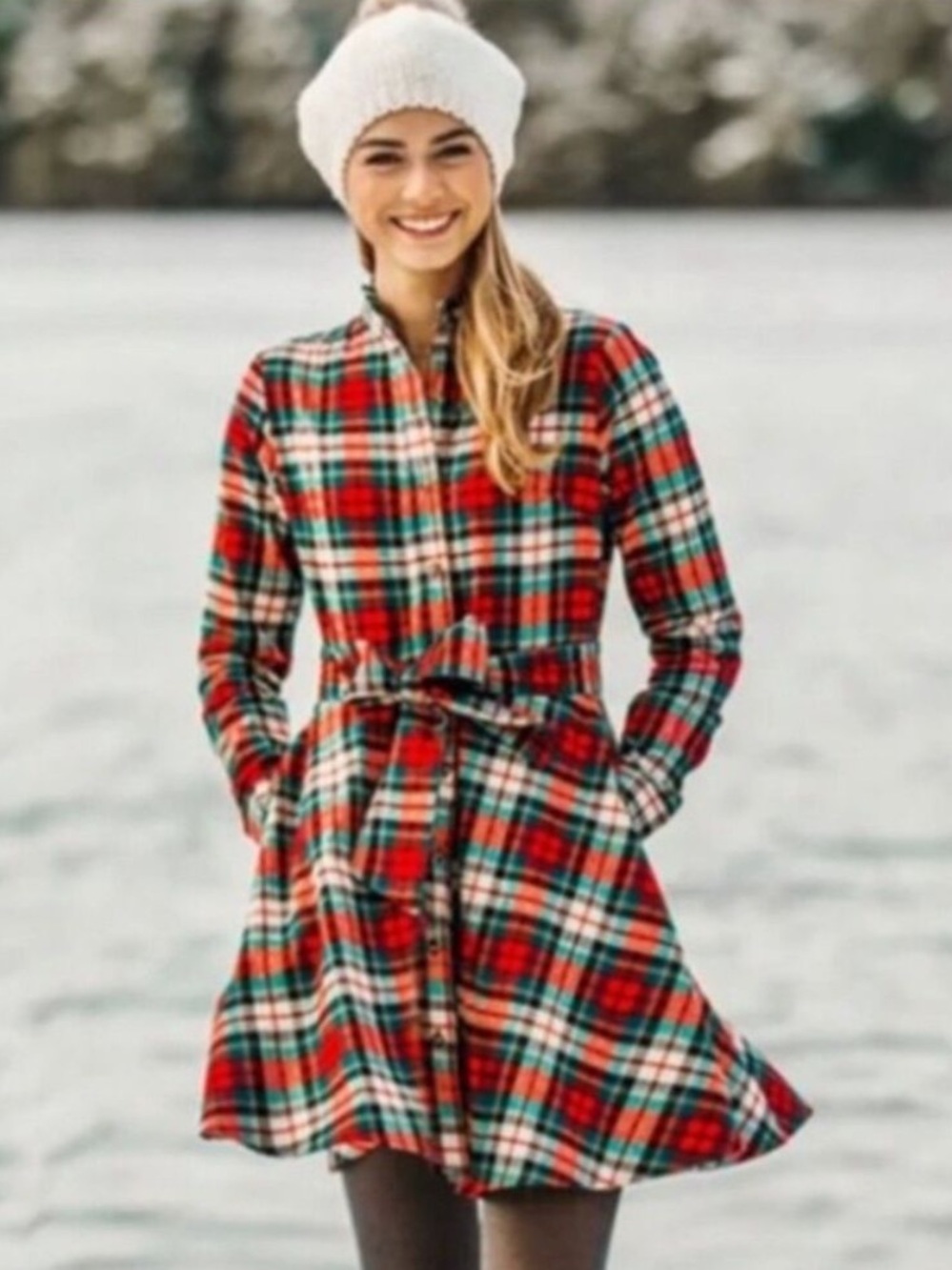 Kiel James Patrick Red, Green & Cream Plaid Fit-and-Flare Dress